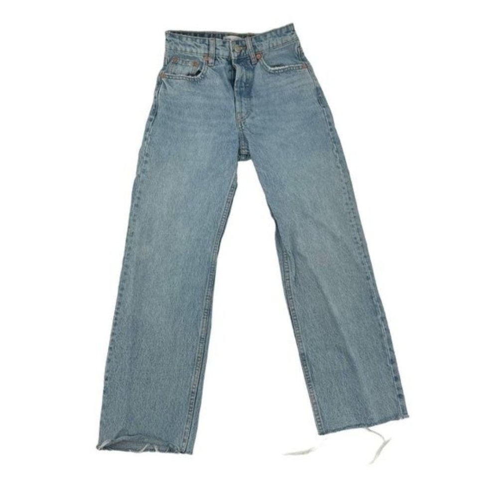 ZARA High Rise Straight Leg Jeans Raw Hem Light Wash Denim Button Fly size 0